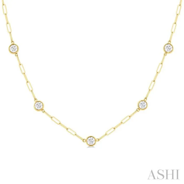 1 1/2 ctw Bezel Set Round Cut Diamond Paper Clip Station Necklace in 14K Yellow Gold