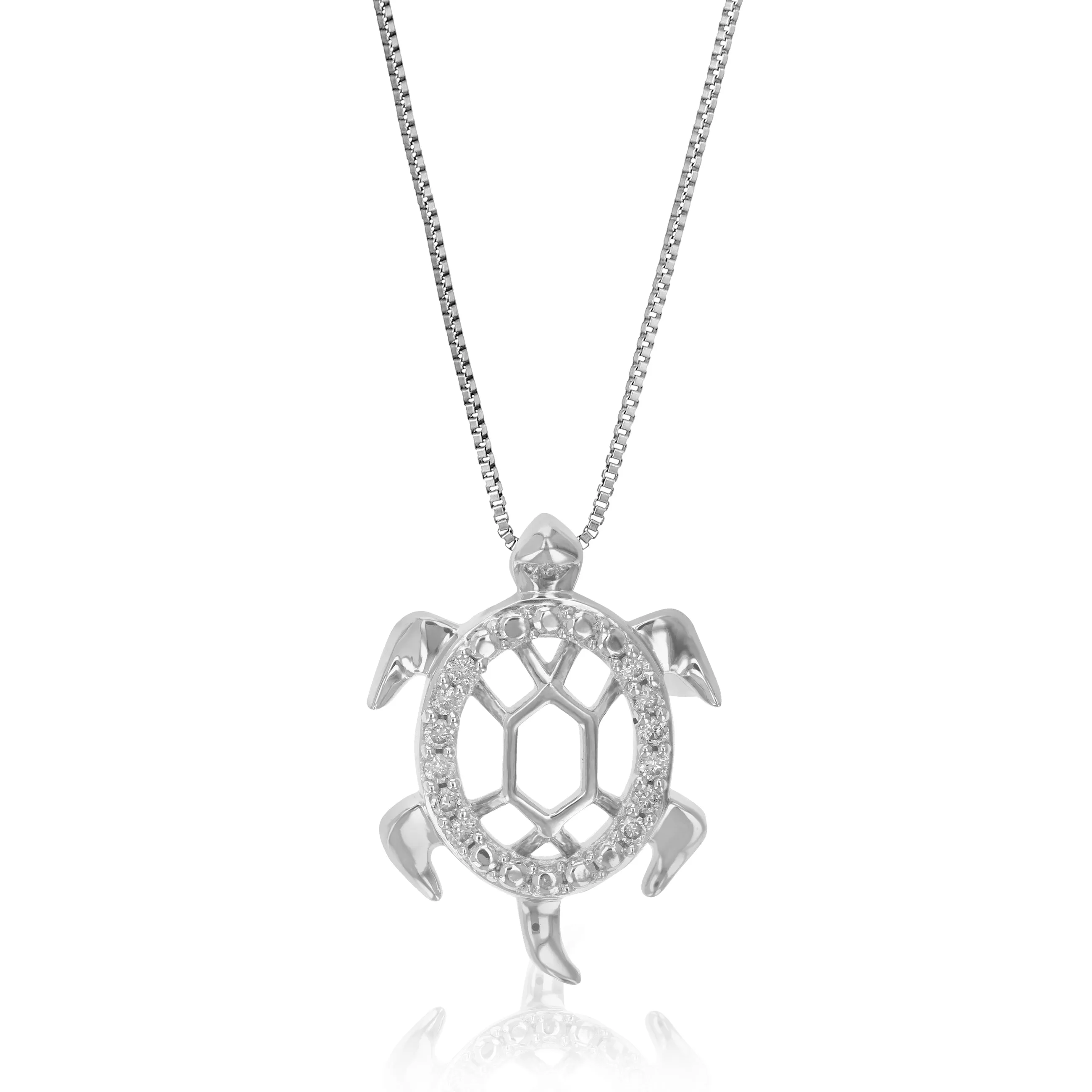 1/10 cttw Lab Grown Diamond Turtle Pendant Necklace .925 Sterling Silver 1/2 Inch With 18 Inch Chain For Her