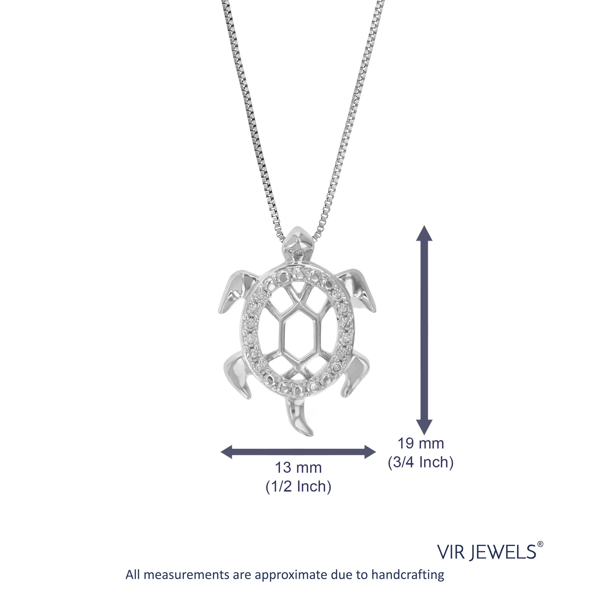 1/10 cttw Lab Grown Diamond Turtle Pendant Necklace .925 Sterling Silver 1/2 Inch With 18 Inch Chain For Her