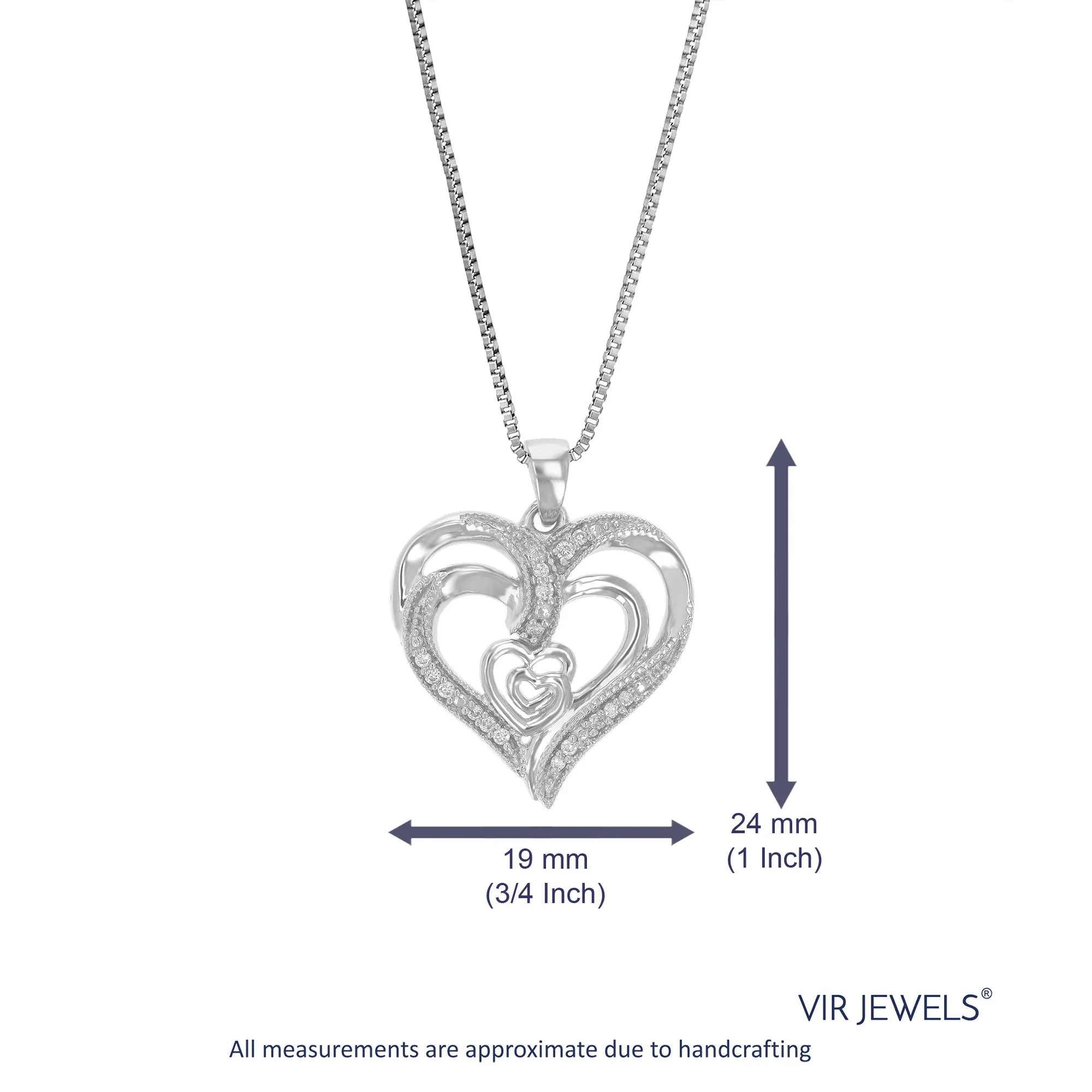 1/10 cttw Lab Grown Round Diamond Heart Pendant Necklace .925 Sterling Silver For Women 3/4 Inch With 18 Inch Chain