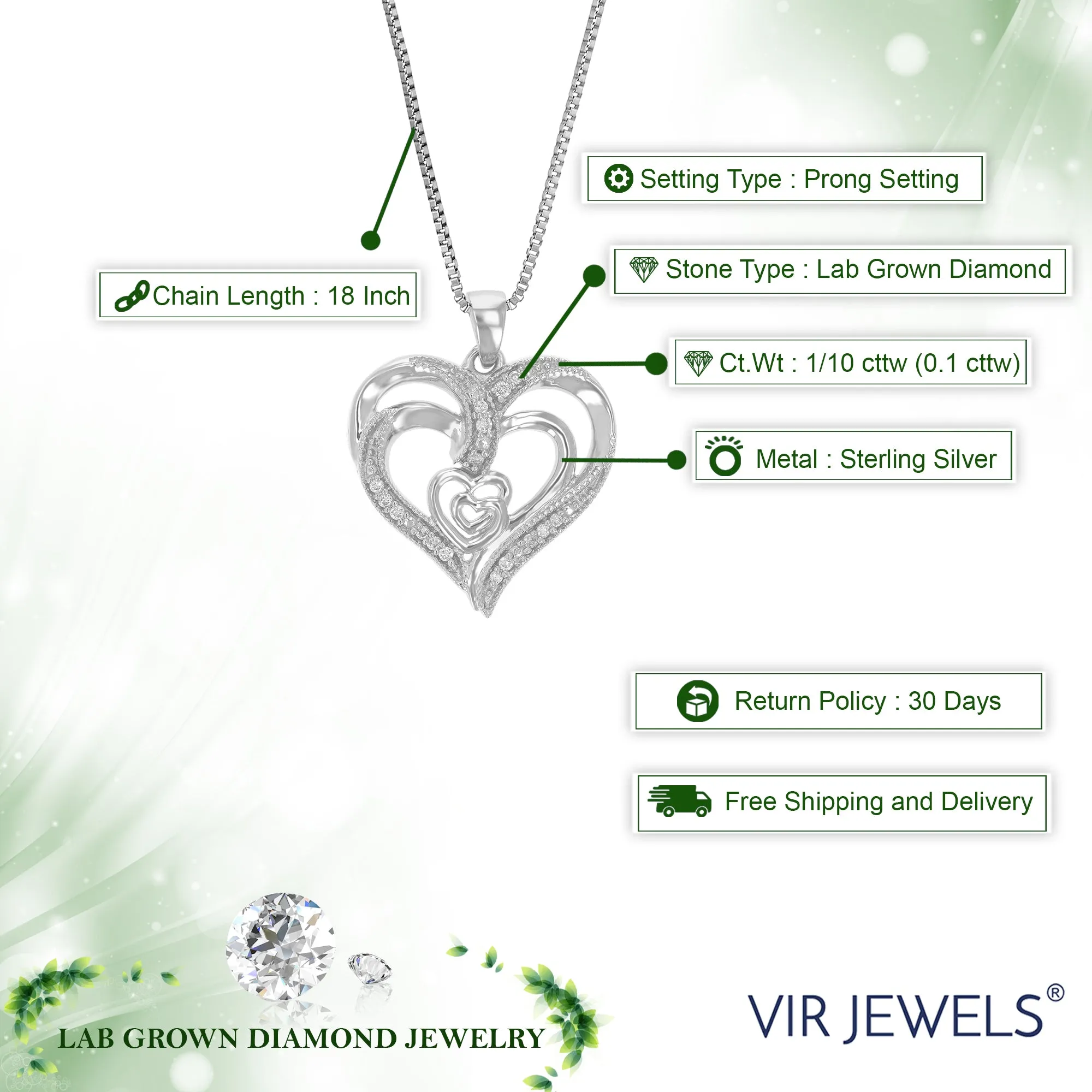 1/10 cttw Lab Grown Round Diamond Heart Pendant Necklace .925 Sterling Silver For Women 3/4 Inch With 18 Inch Chain