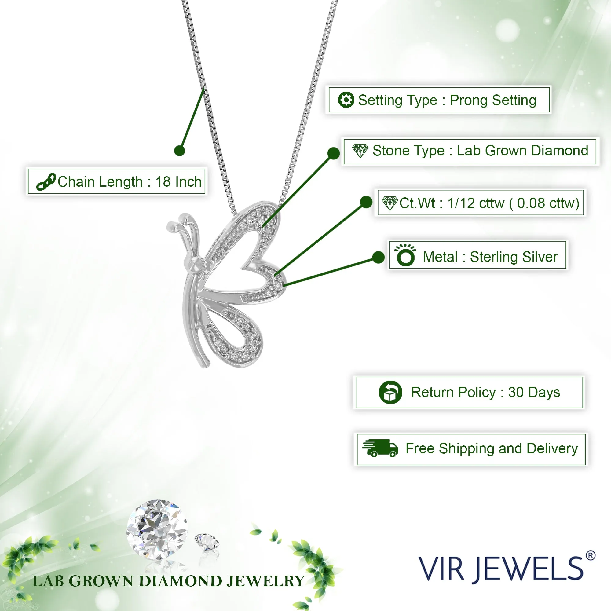 1/12 cttw Lab Grown Diamond Butterfly Pendant Necklace .925 Sterling Silver 2/5 Inch With 18 Inch Chain Elegant