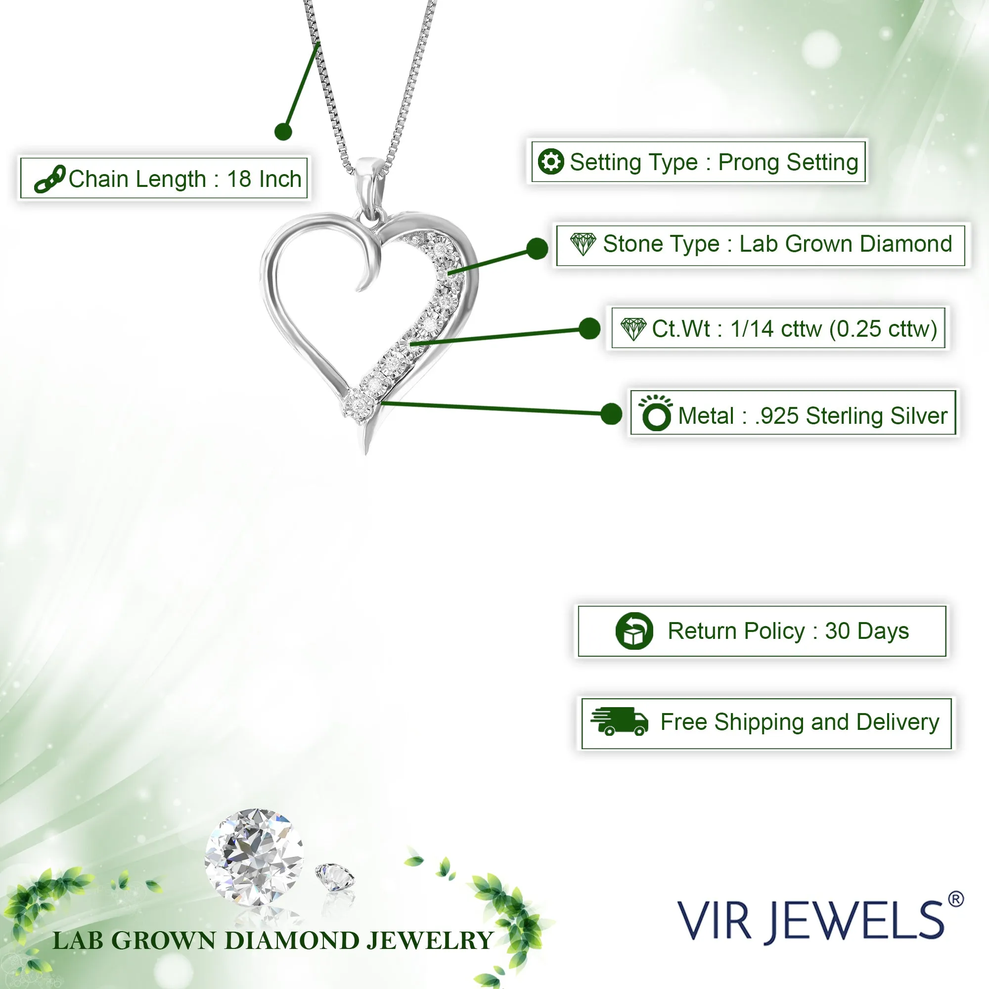 1/14 cttw Round Cut 8 Stones Lab Grown Diamond Heart Pendant Necklace .925 Sterling Silver 3/4 Inch With 18 Inch Chain