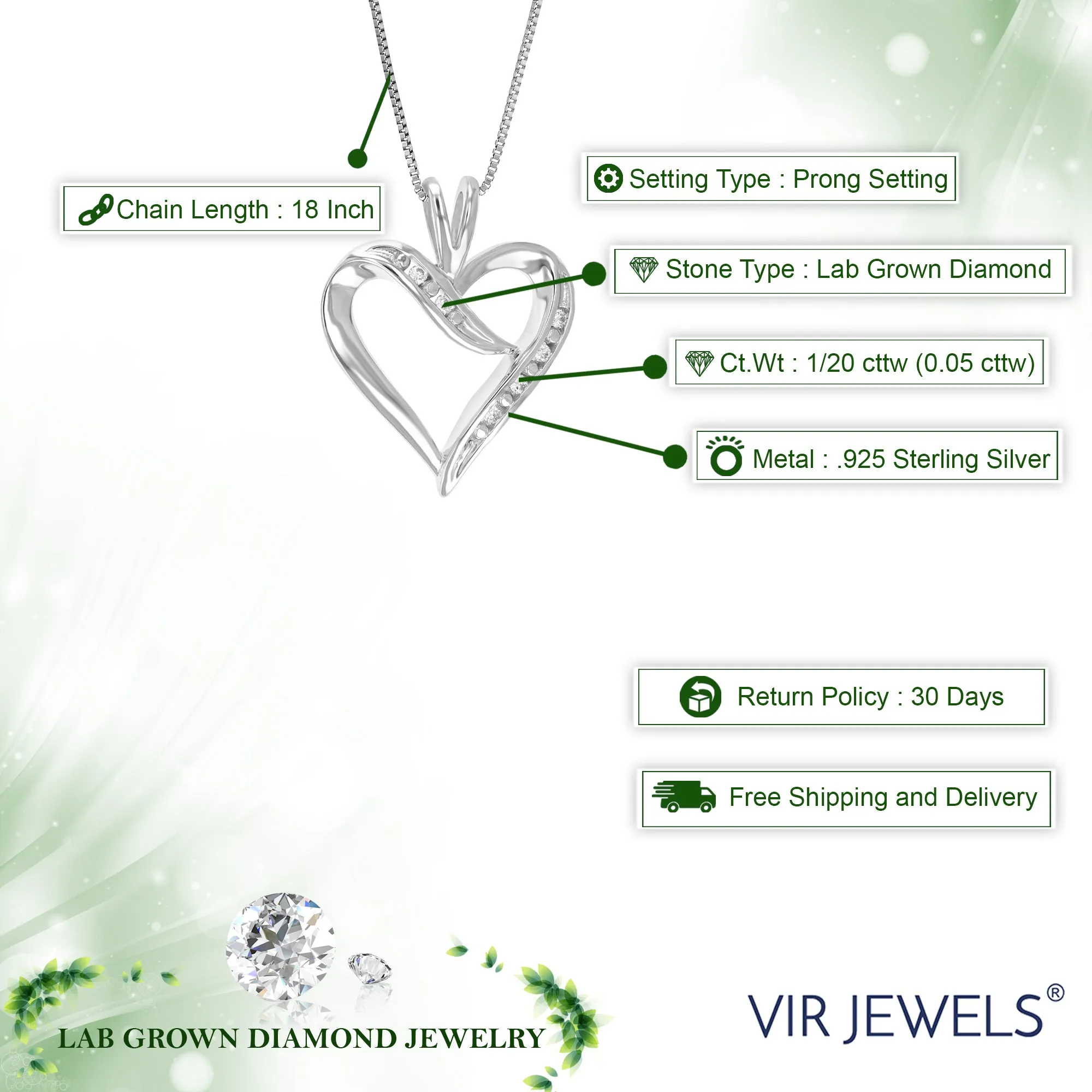 1/20 cttw Round Cut 6 Stones Lab Grown Diamond Heart Pendant Necklace .925 Sterling Silver 3/4 Inch With 18 Inch Chain