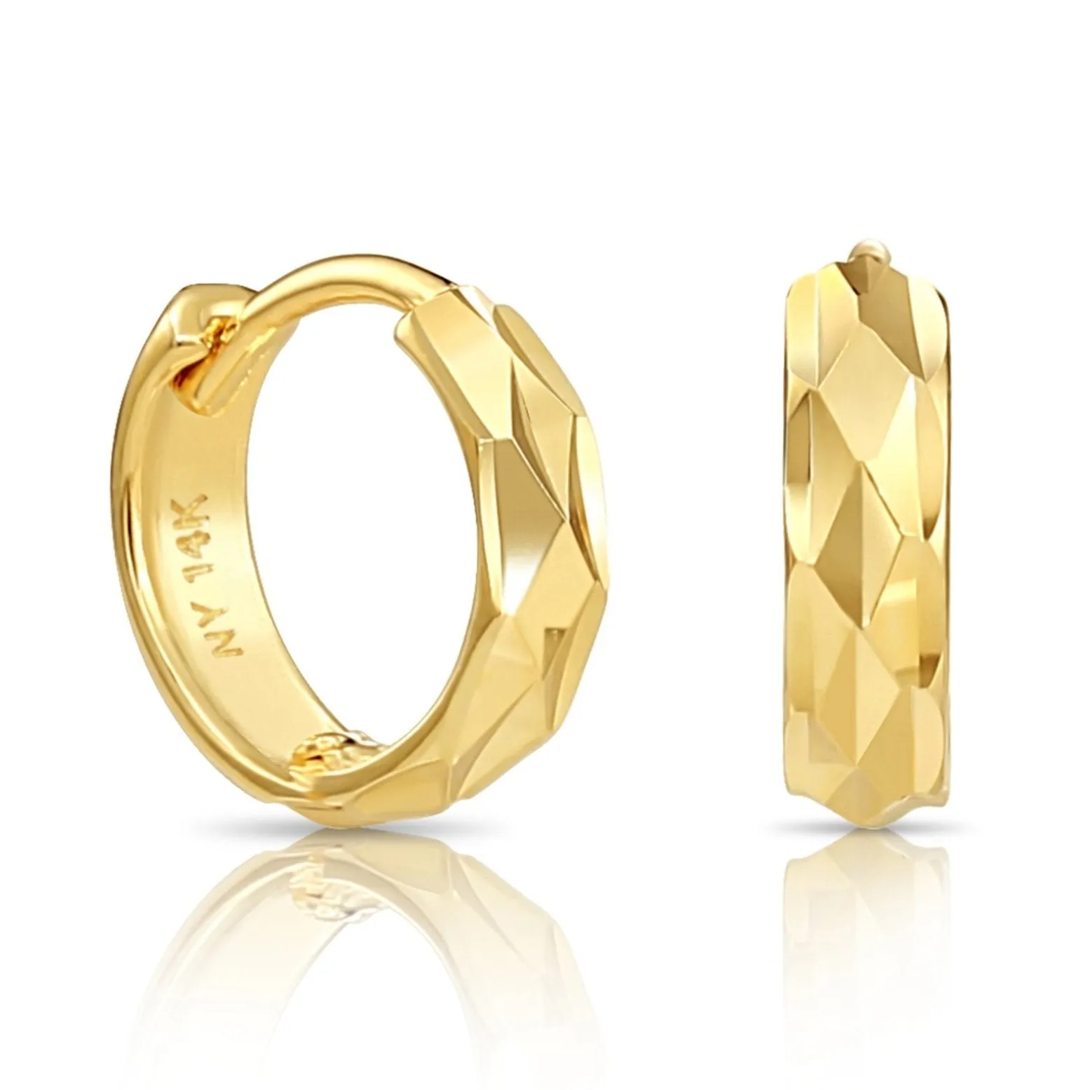 14K Gold Tiny Hand Engraved Huggies Hoop Earrings, 10mm