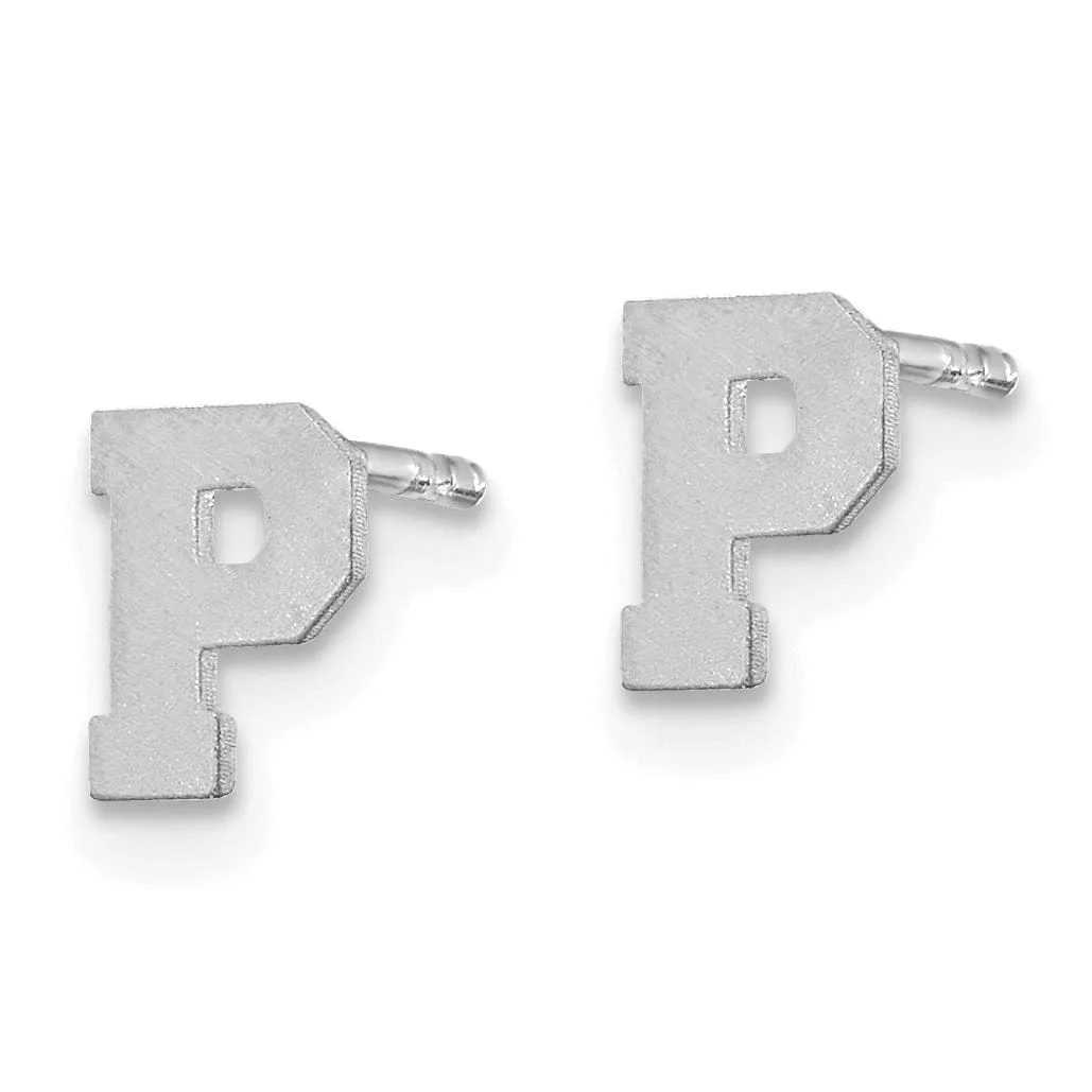 14K White Gold Script Satin Brushed Finish Letter P Initial Earrings