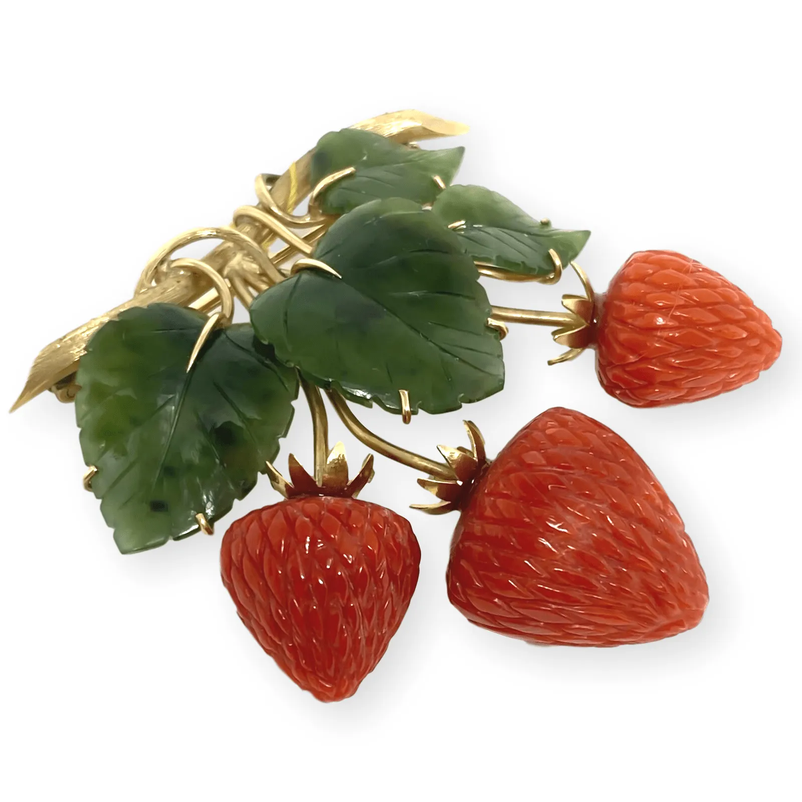 14KY Strawberry Coral & Jade Leaf Brooch Pin 14K Yellow Gold 1950's