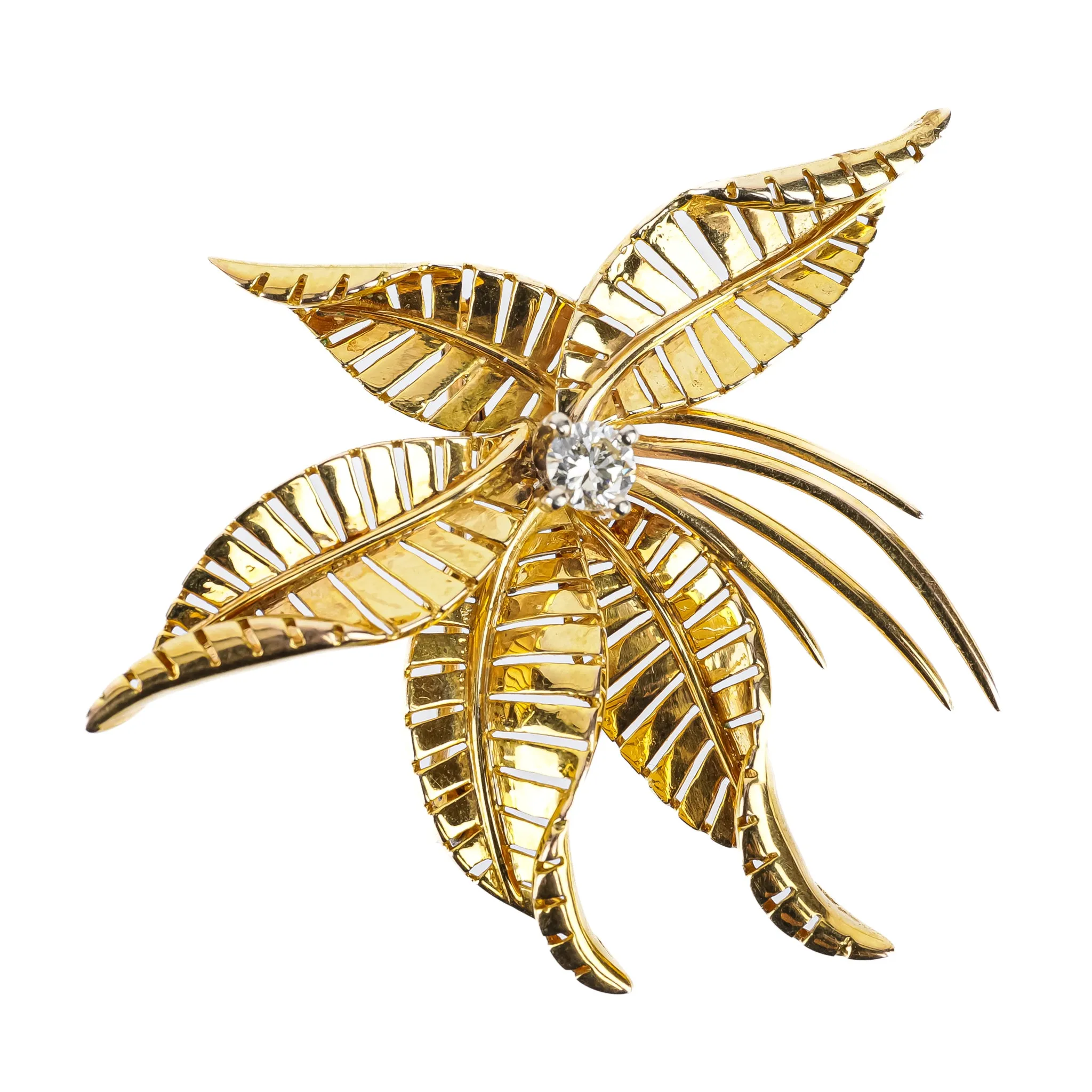 18K Yellow & White Gold Diamond Leaf Brooch