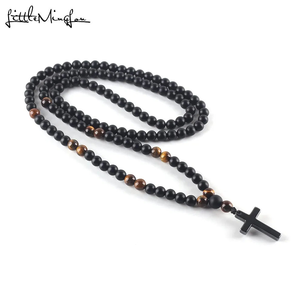 2019 Luxury Tiger Eye Natural Stone Beads Long Necklace Men&#39;s Black Hematite Jesus Cross Pendants Necklace Geometry Jewelry Gift