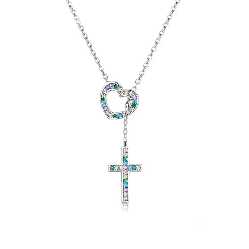 925 Sterling Silver Love & Cross Pendant Necklace for Women Colored Zirconium Lock Chain Choker Plated Platinum Jewelry