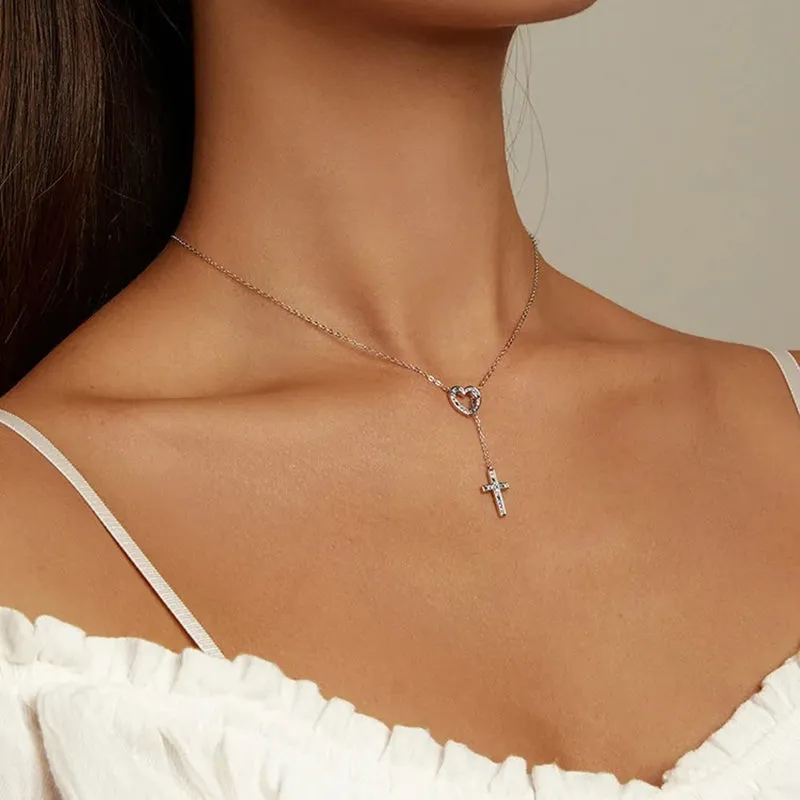 925 Sterling Silver Love & Cross Pendant Necklace for Women Colored Zirconium Lock Chain Choker Plated Platinum Jewelry