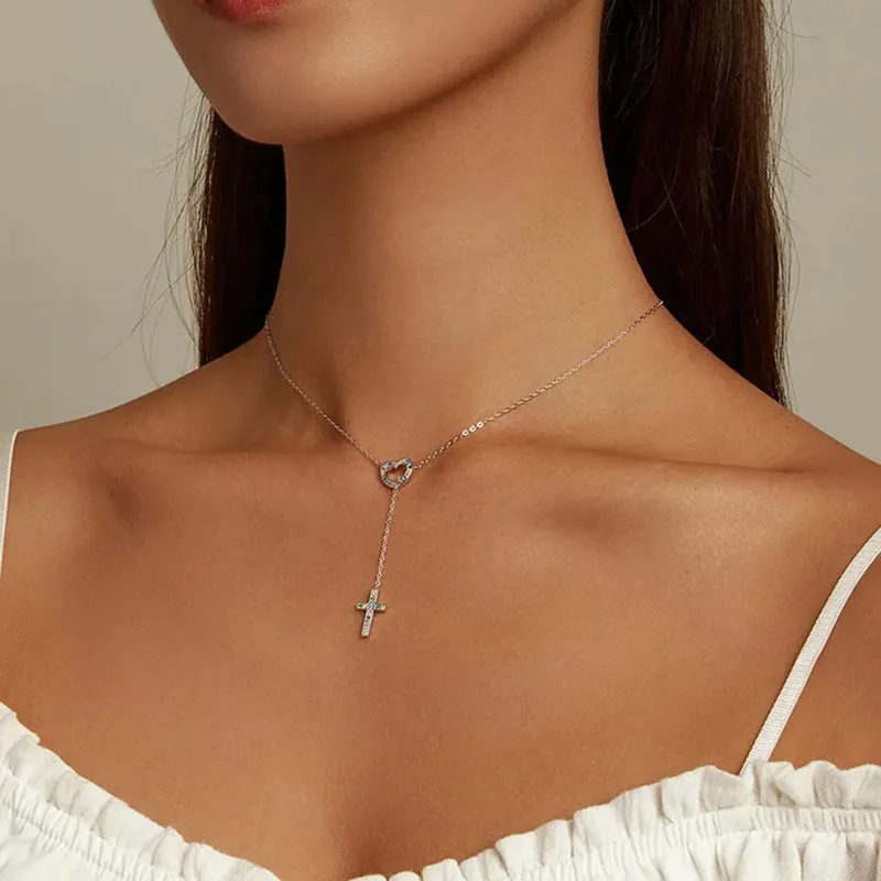 925 Sterling Silver Love & Cross Pendant Necklace for Women Colored Zirconium Lock Chain Choker Plated Platinum Jewelry