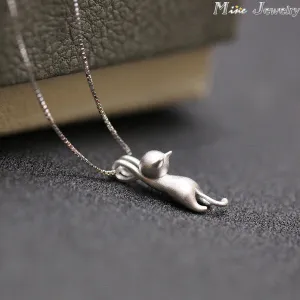 925 Sterling Silver Necklaces Cats Pendants&Necklaces Pure Sterling Silver 925 Kitty Necklace Jewelry Collar Colar de Plata