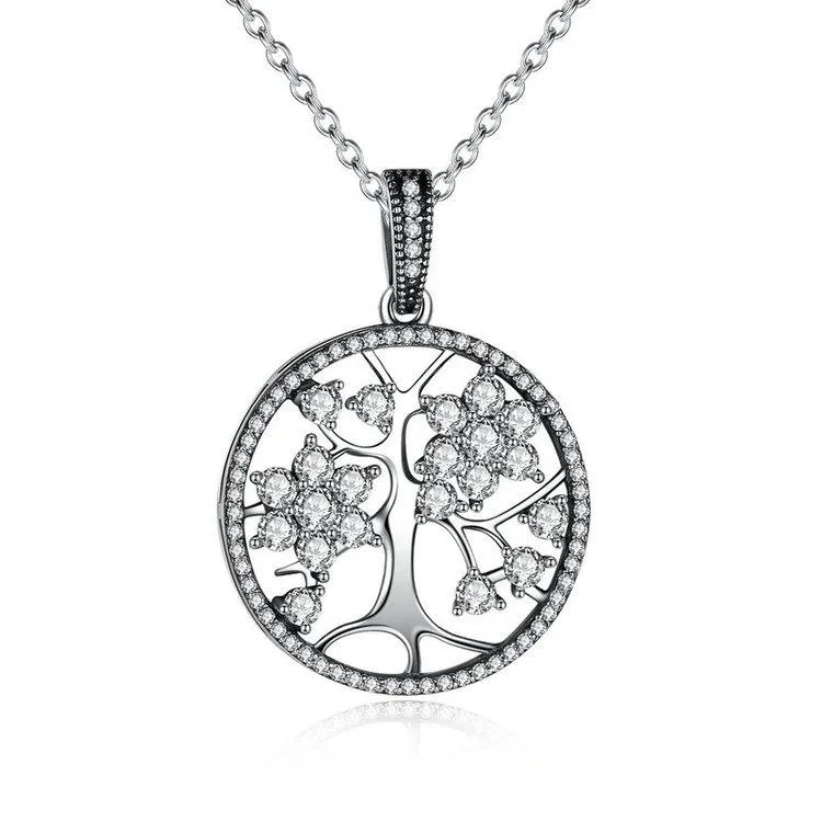 925 Sterling Silver Tree of Life Round Pendant Necklace