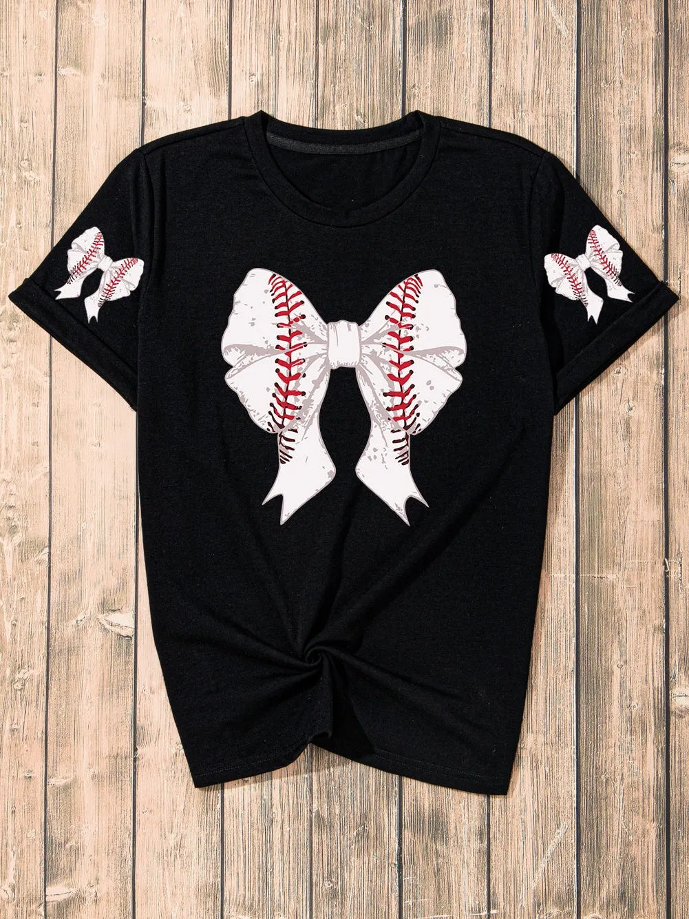 Baseball Print Black Bow Detail T-Shirt