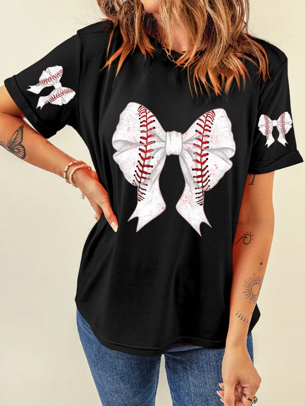 Baseball Print Black Bow Detail T-Shirt