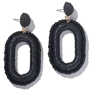 Beaded Raffia Earrings Statement Boho Earrings Cute Seed Bead Earrings Square Drop Dangle Earrings Summer Jewelry for Women(Black)