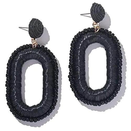 Beaded Raffia Earrings Statement Boho Earrings Cute Seed Bead Earrings Square Drop Dangle Earrings Summer Jewelry for Women(Black)