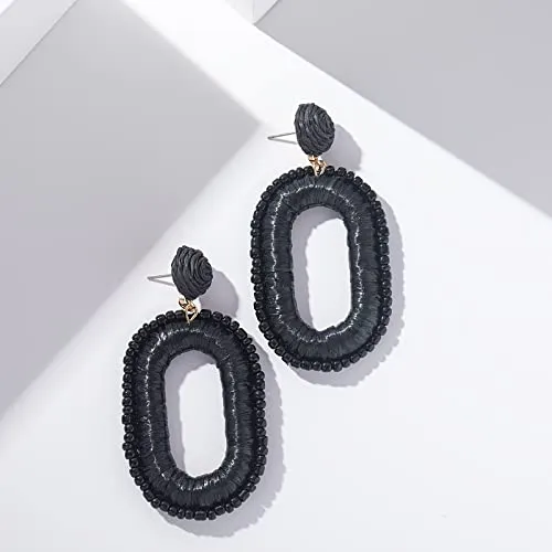 Beaded Raffia Earrings Statement Boho Earrings Cute Seed Bead Earrings Square Drop Dangle Earrings Summer Jewelry for Women(Black)