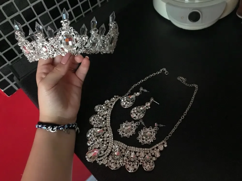 Bling Bridal Jewelry Sets Silver Crystal Tiaras Necklace Earring Set