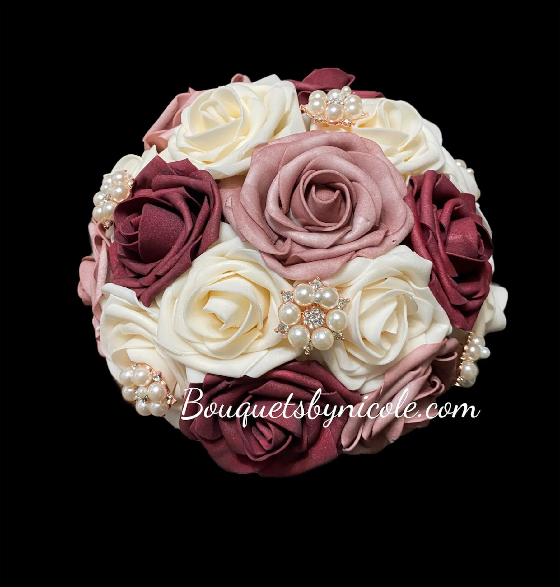 Burgundy Mauve Cascade Bouquet l Waterfall bouquet l  Real Touch Roses Brooch Bouquet CB-011