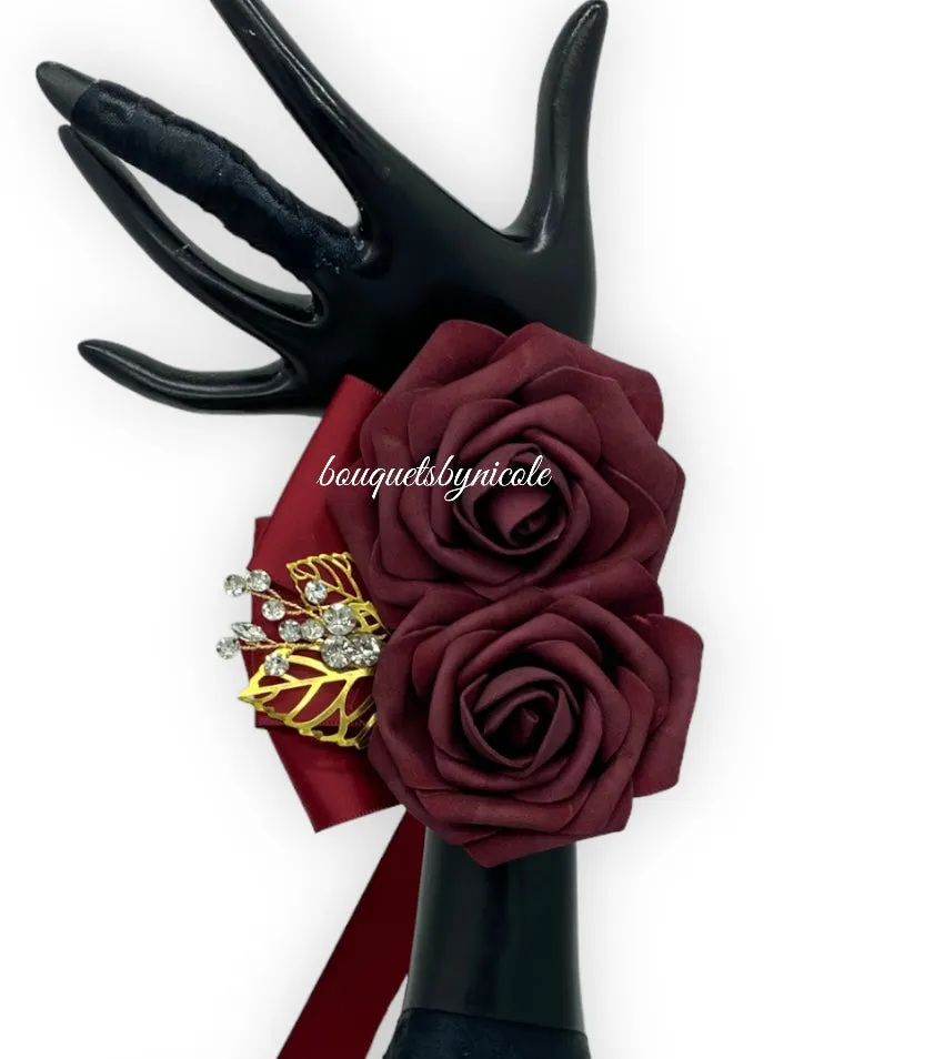 Burgundy Mauve Cascade Bouquet l Waterfall bouquet l  Real Touch Roses Brooch Bouquet CB-011