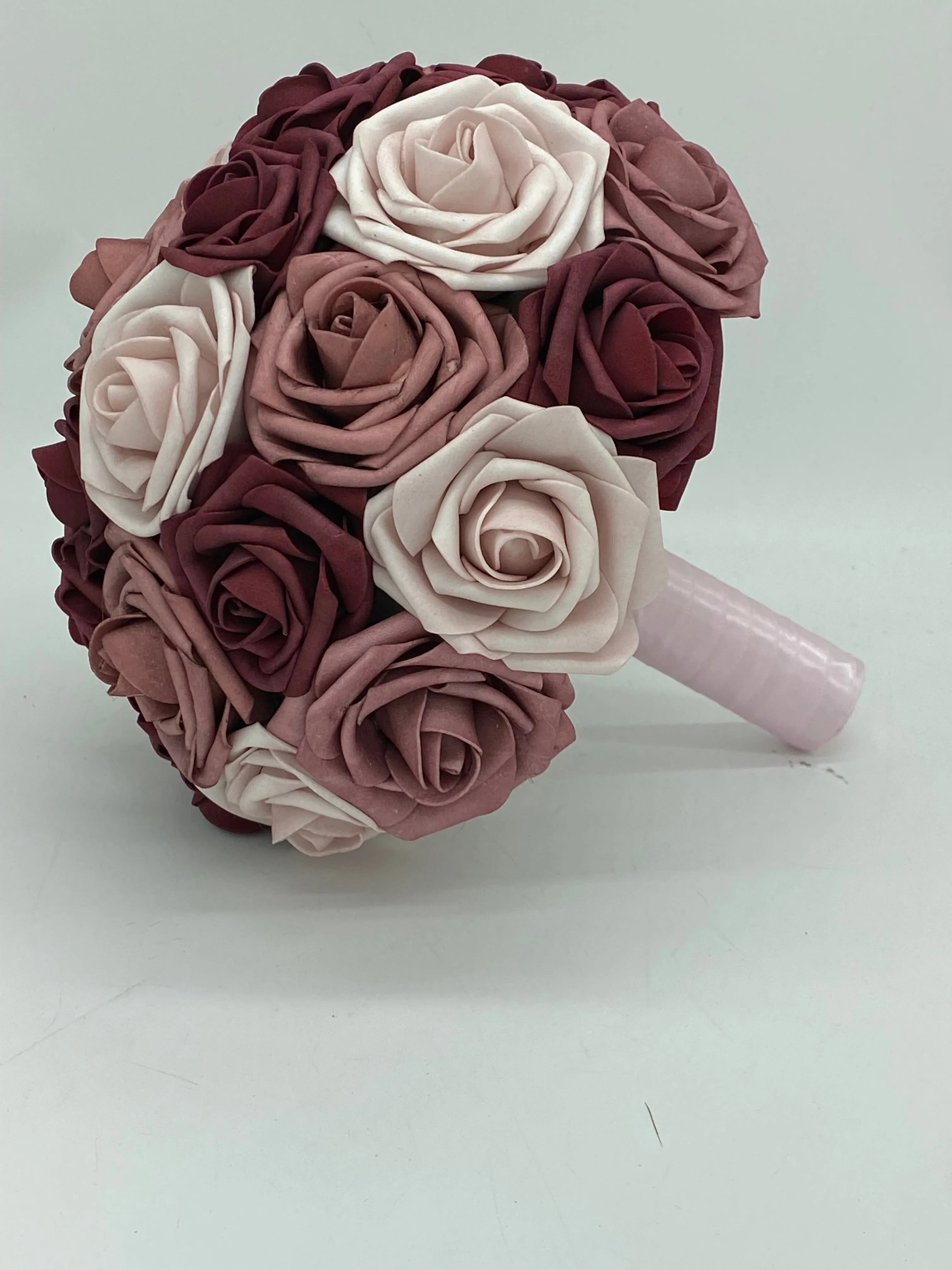 Burgundy Mauve Round Bouquet l Waterfall bouquet l  Real Touch Roses Brooch Bouquet BOU-029