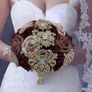 Burgundy Mauve Round Bouquet l Waterfall bouquet l  Real Touch Roses Brooch Bouquet BOU-029