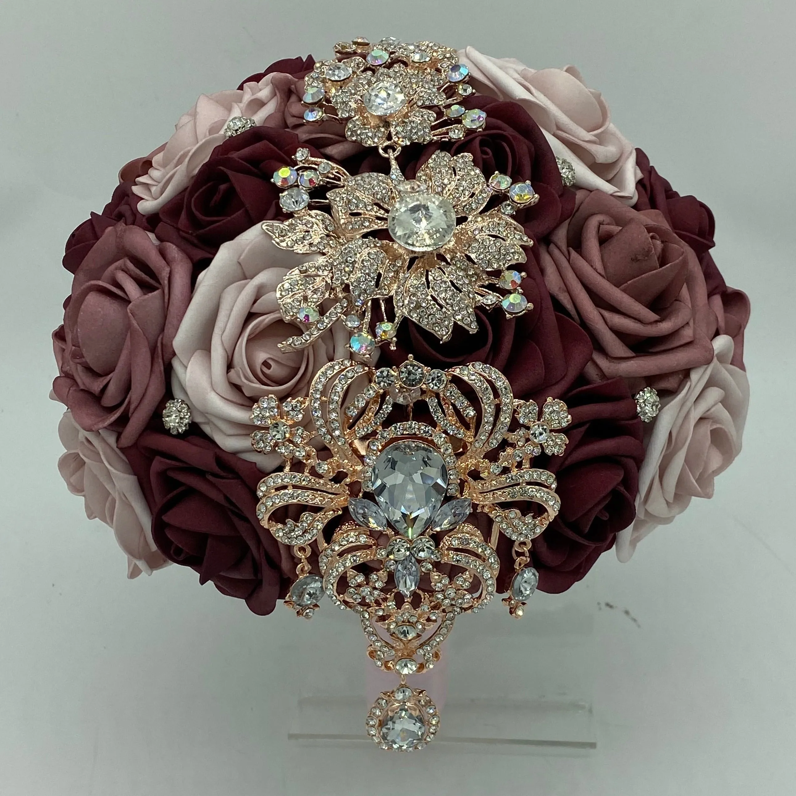 Burgundy Mauve Round Bouquet l Waterfall bouquet l  Real Touch Roses Brooch Bouquet BOU-029