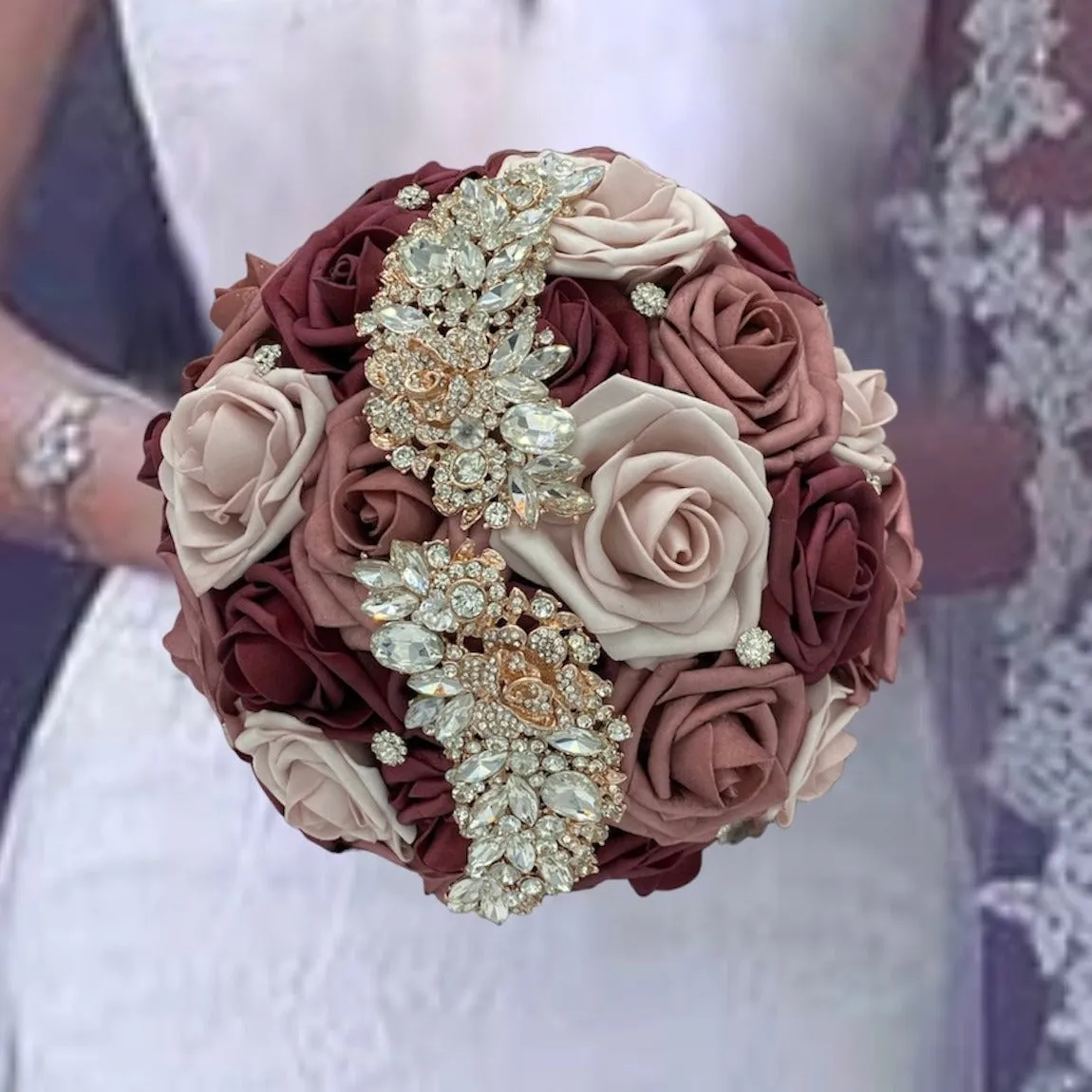 Burgundy Mauve Round Bouquet l Waterfall bouquet l  Real Touch Roses Brooch Bouquet BOU-031