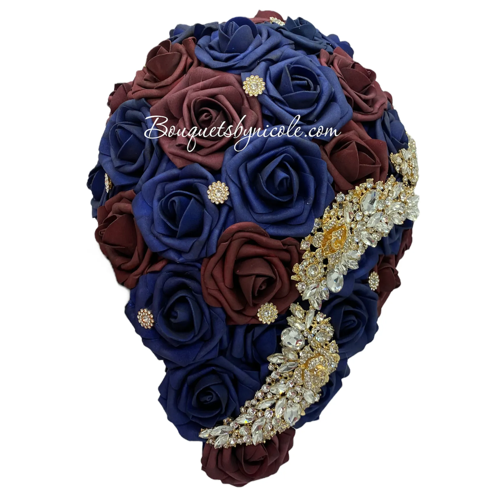 Burgundy Navy Cascade Bouquet l Waterfall bouquet l  Real Touch Roses Brooch Bouquet CB-013