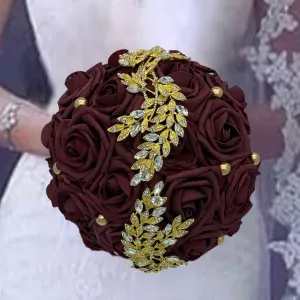 Burgundy Round Bouquet l  Real Touch Roses Brooch Bouquet BOU-030