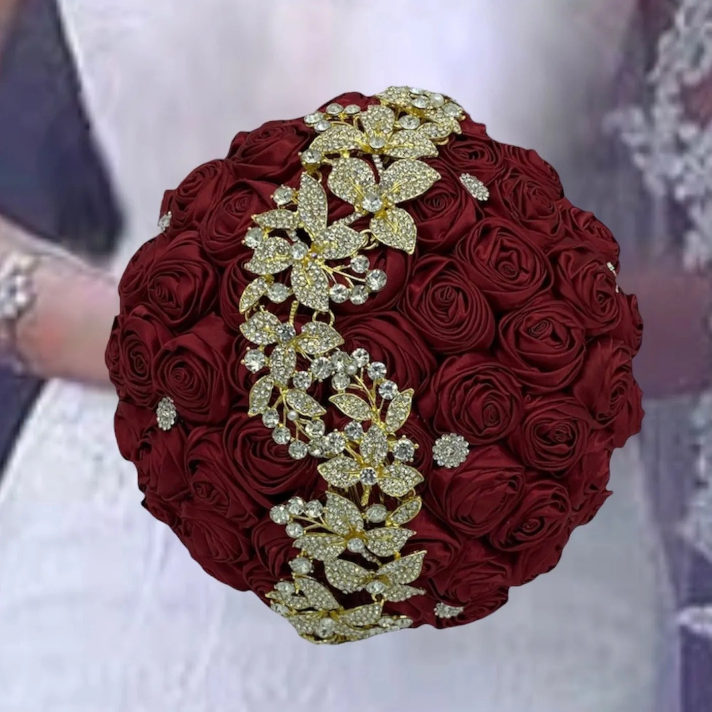 Burgundy  Round Bouquet l  Satin Roses Brooch Bouquet~ BOU-023