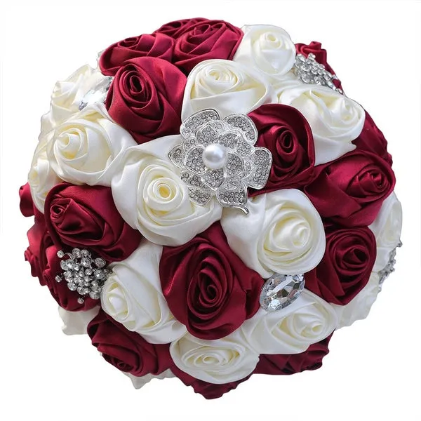 Burgundy  Round Bouquet l  Satin Roses Brooch Bouquet~ BOU-023