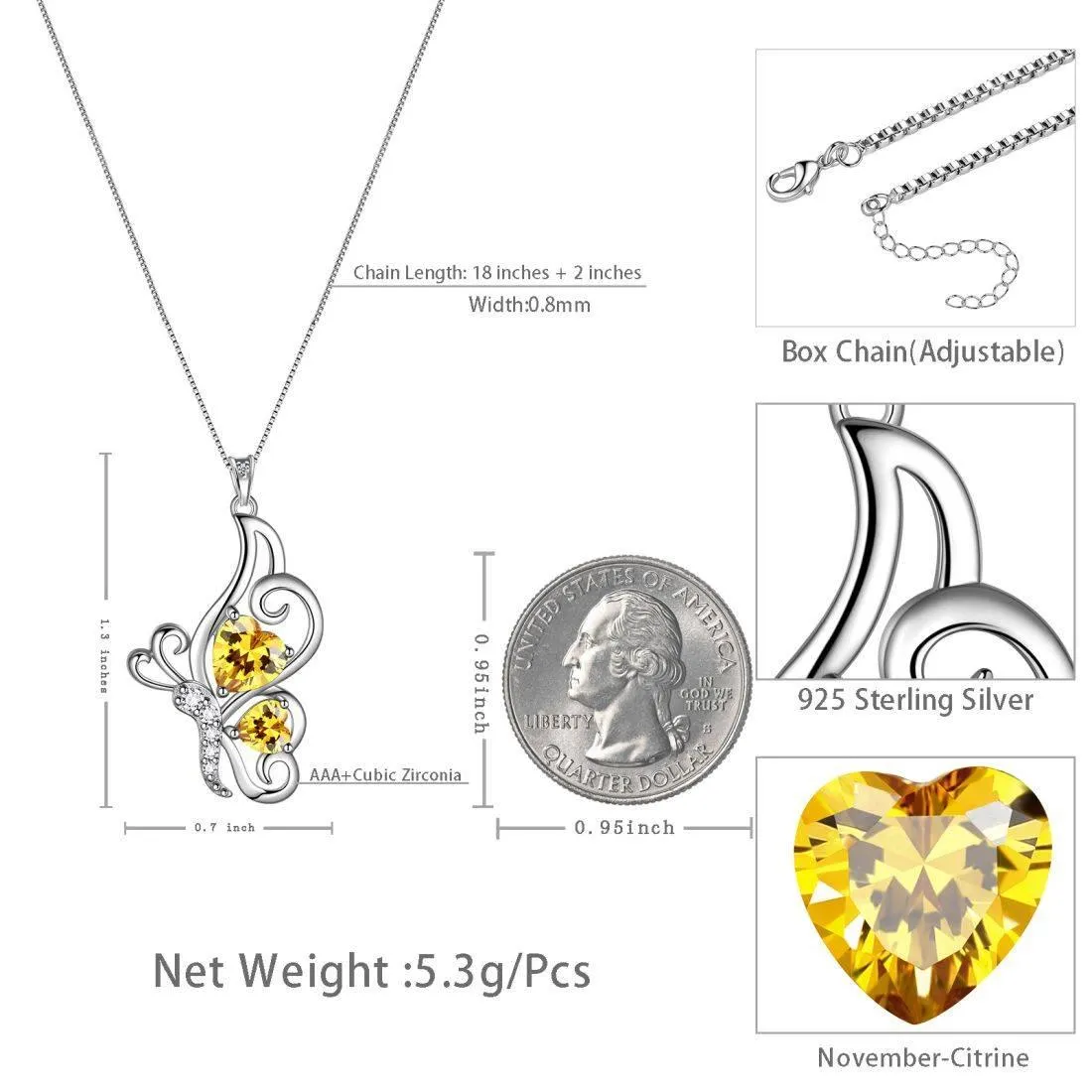 Butterfly Birthstone November Citrine Necklace Women Girls Jewelry Birthday Gift Sterling Silver