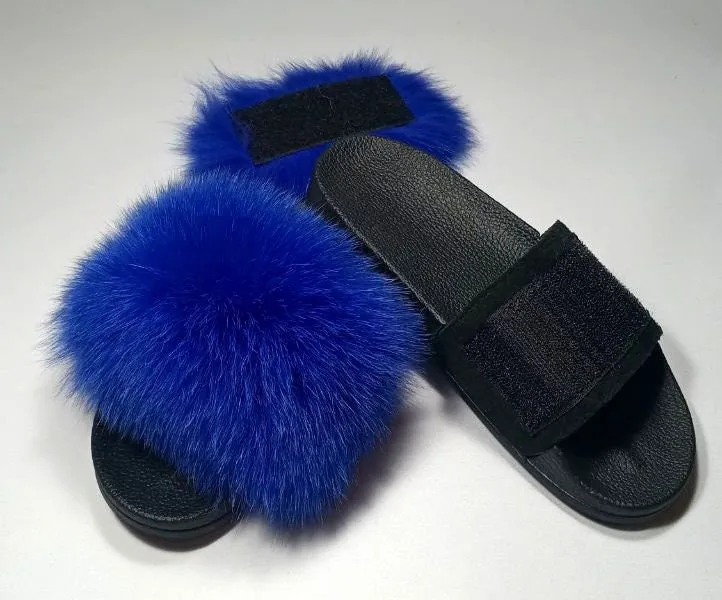 BY ORDER Changing Colors Real Fox Fur Slides with Velcro Women Leather Beach Large  Fox Fur Sandals Summer Slippers Fluffy Shoes Flip Flops