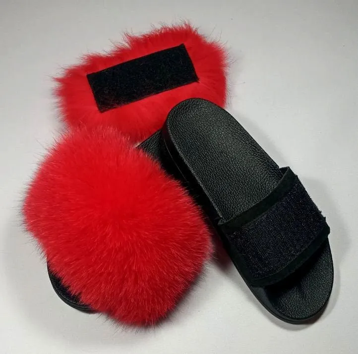 BY ORDER Changing Colors Real Fox Fur Slides with Velcro Women Leather Beach Large  Fox Fur Sandals Summer Slippers Fluffy Shoes Flip Flops