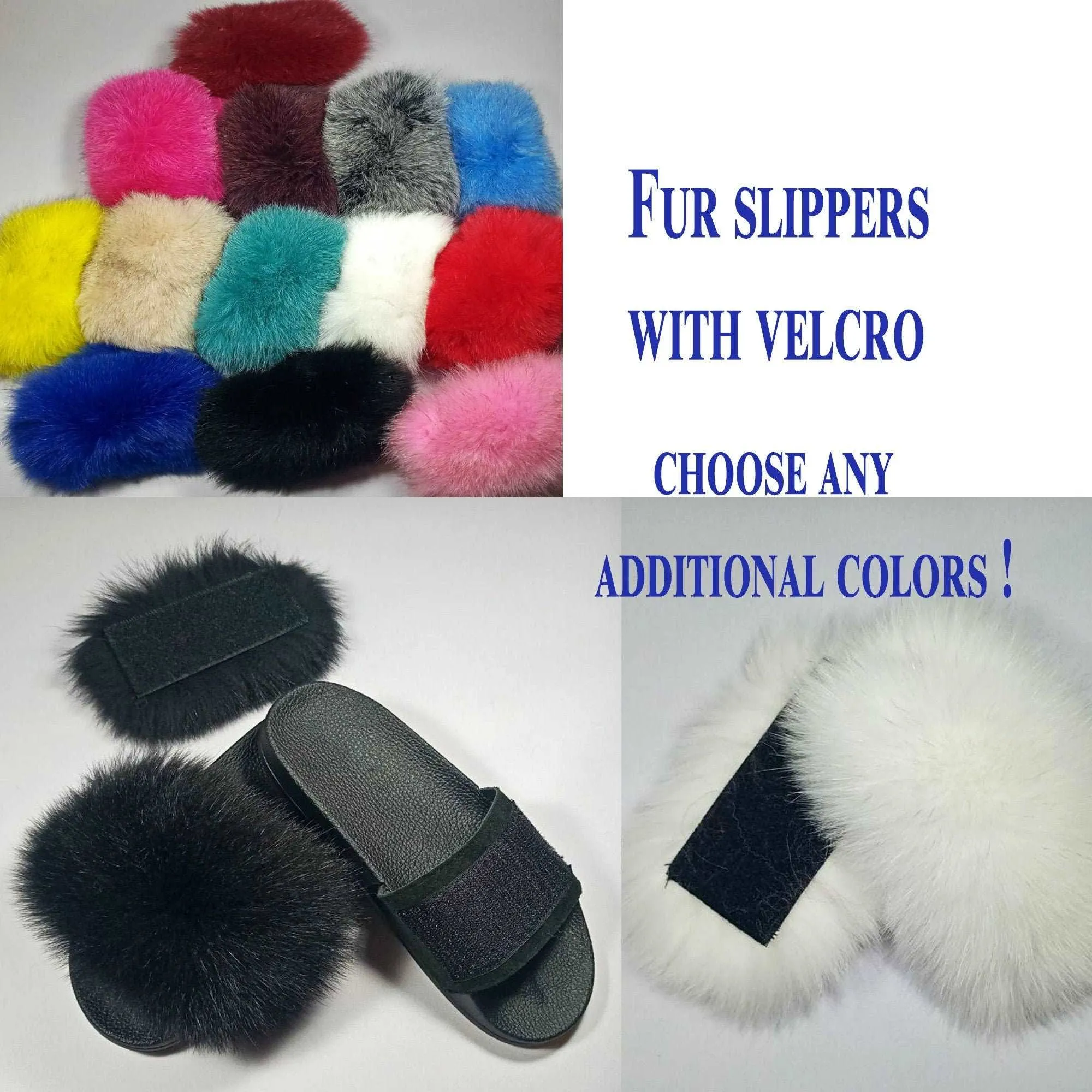 BY ORDER Changing Colors Real Fox Fur Slides with Velcro Women Leather Beach Large  Fox Fur Sandals Summer Slippers Fluffy Shoes Flip Flops