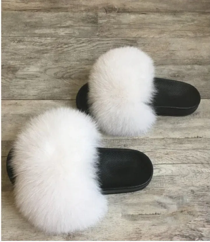 BY ORDER Off White Real Fox Fur Slides Women Girl Leather Beach Large Finnish Fox Fur Sandals Summer Slippers Fashion Fluffy Shoes Flip Flop