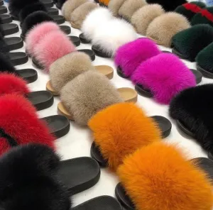 BY ORDER Real Fox Fur Slides Women Girl Genuine Leather Beach Large Finnish Fox Fur Sandals Summer Slippers Fashion Fluffy Shoes Flip Flops