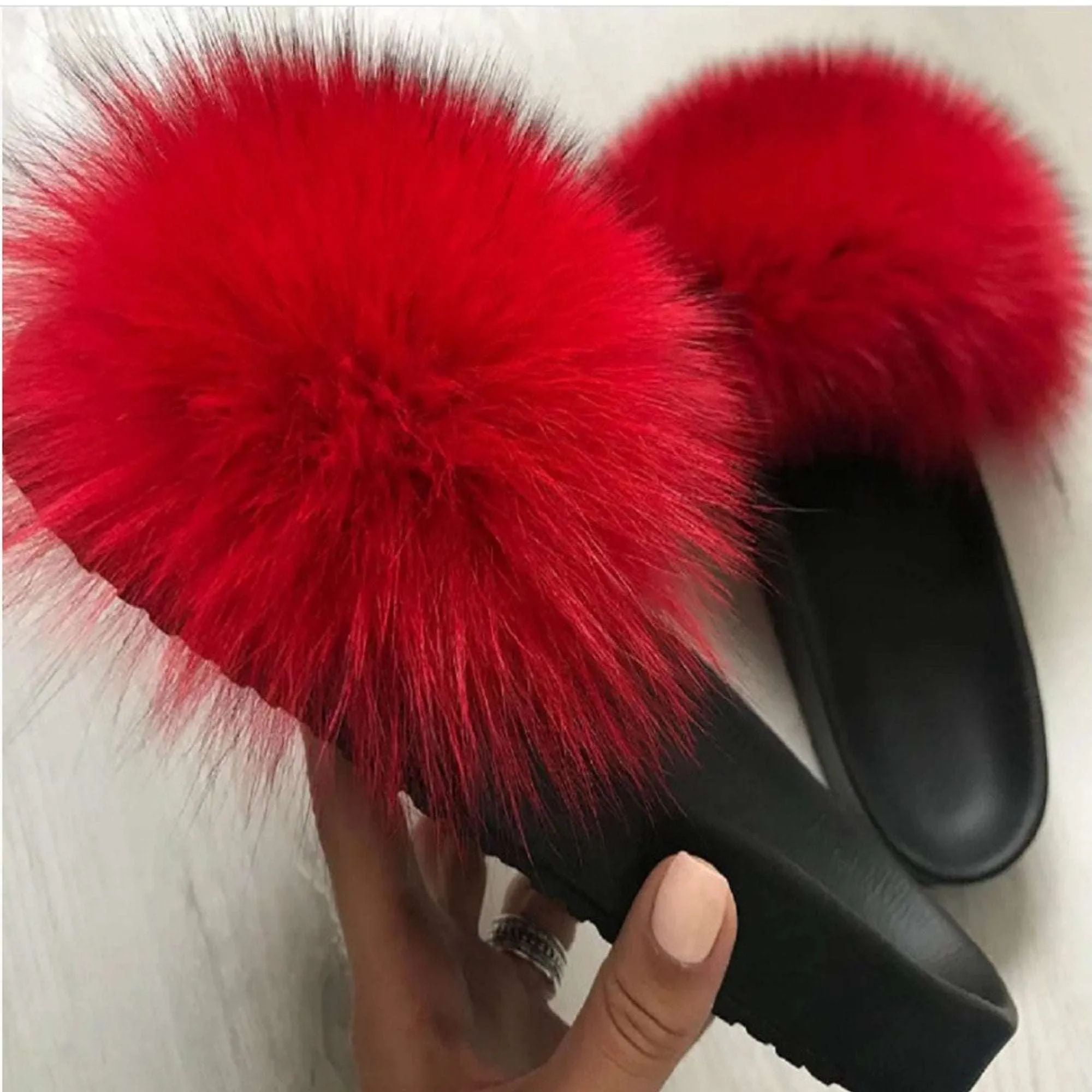 BY ORDER Real Fox Fur Slides Women Girl Genuine Leather Beach Large Finnish Fox Fur Sandals Summer Slippers Fashion Fluffy Shoes Flip Flops