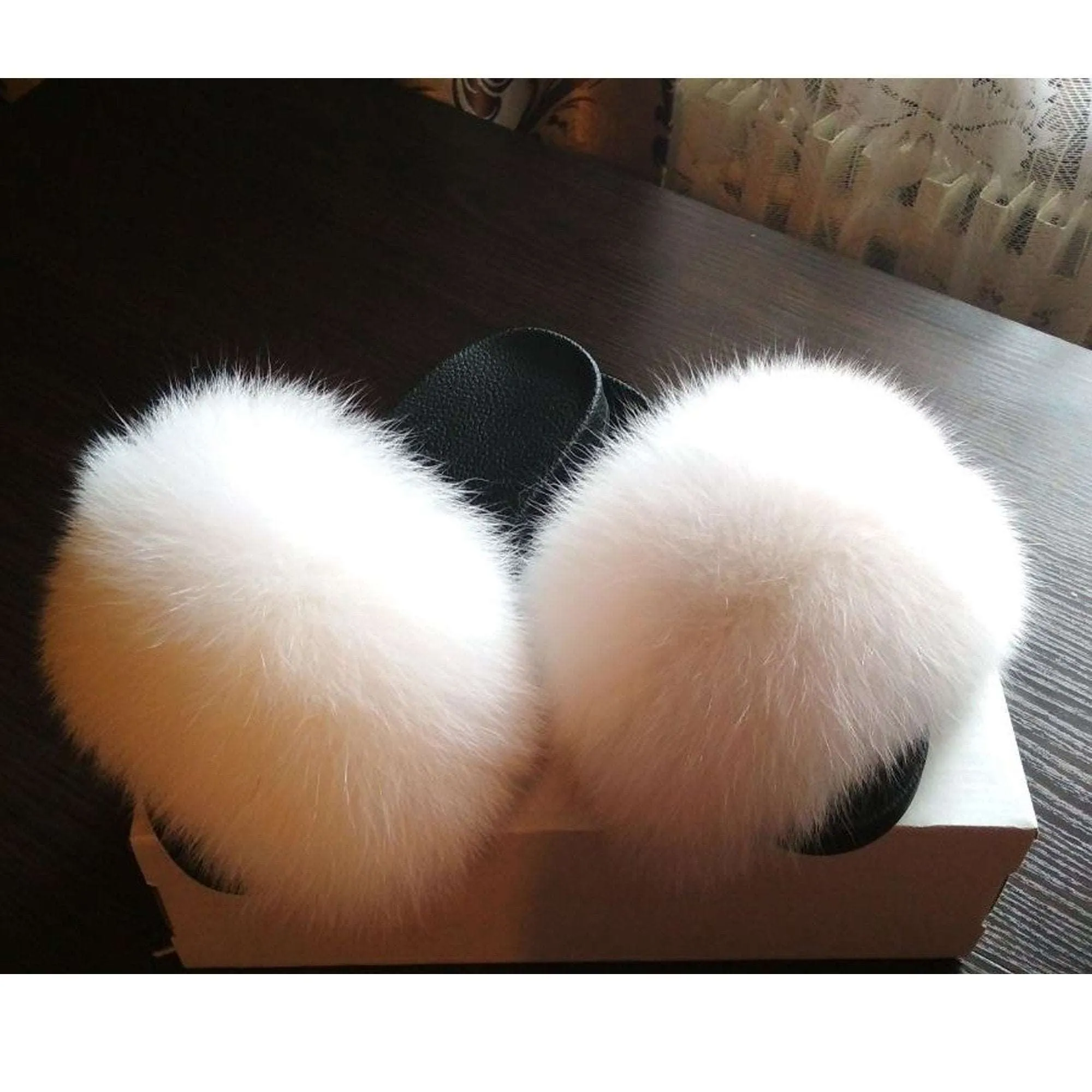 BY ORDER Real Fox Fur Slides Women Girl Genuine Leather Beach Large Finnish Fox Fur Sandals Summer Slippers Fashion Fluffy Shoes Flip Flops