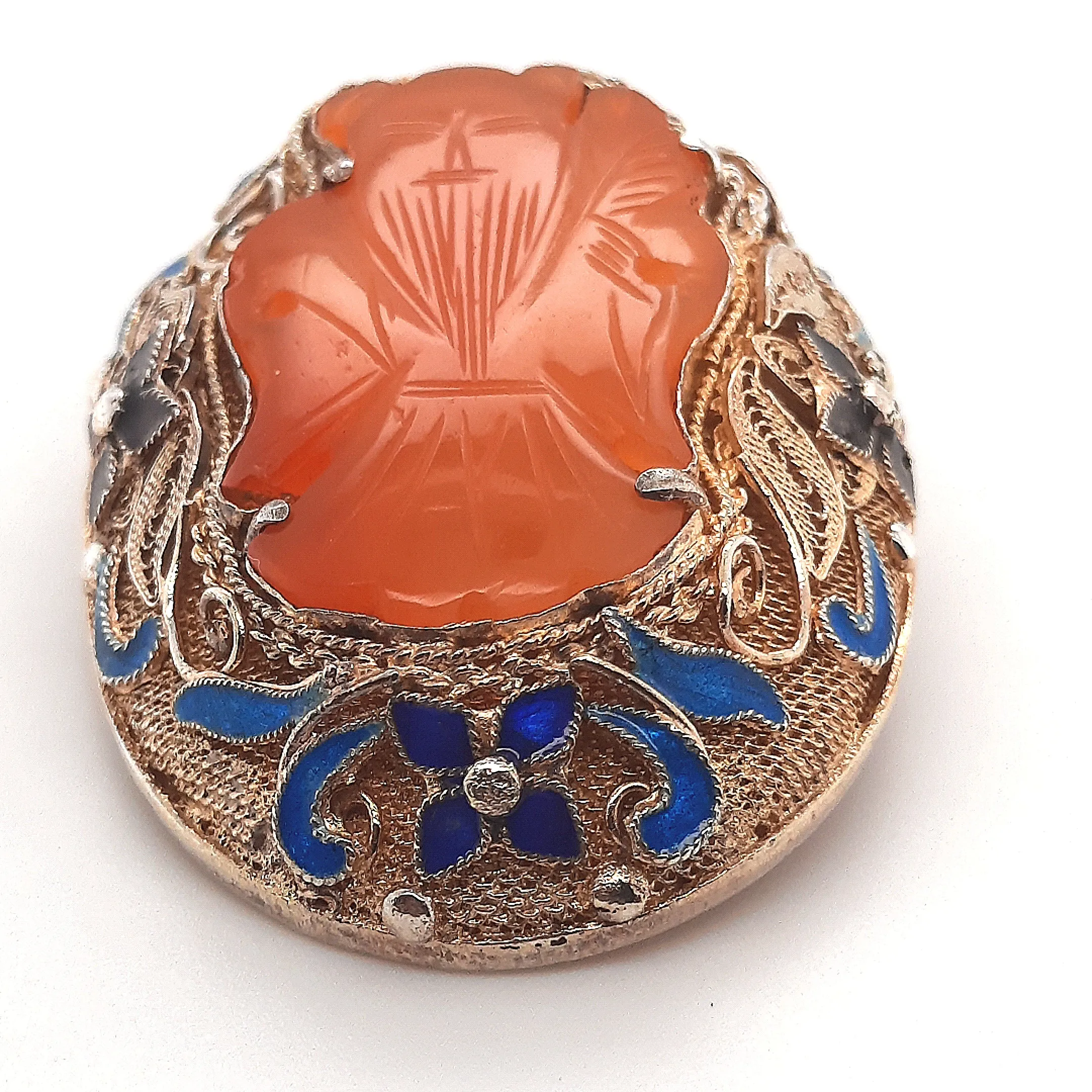 Carnelian & Enamel Gold Plated Silver Vintage Chinese Brooch