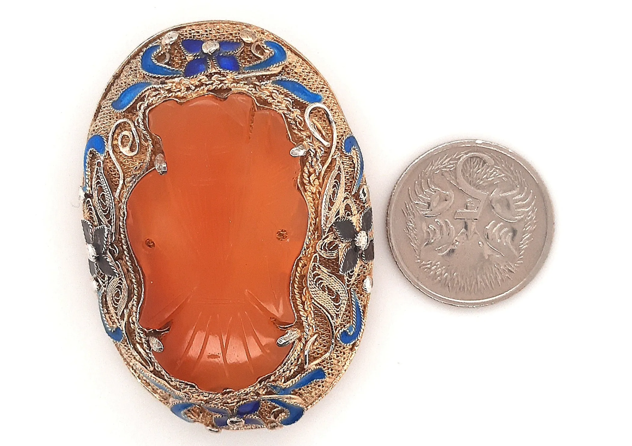 Carnelian & Enamel Gold Plated Silver Vintage Chinese Brooch