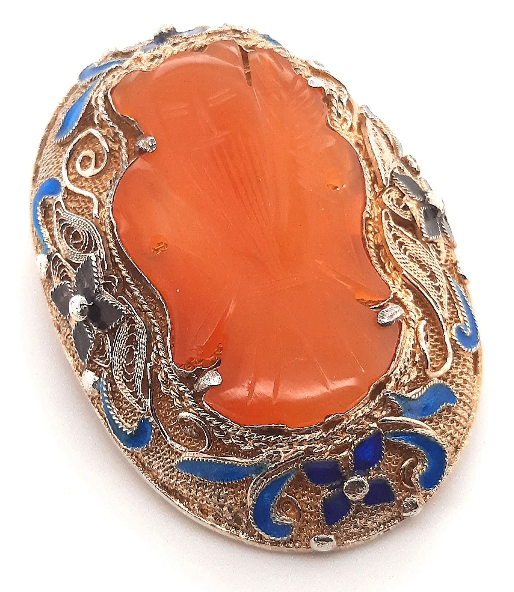 Carnelian & Enamel Gold Plated Silver Vintage Chinese Brooch