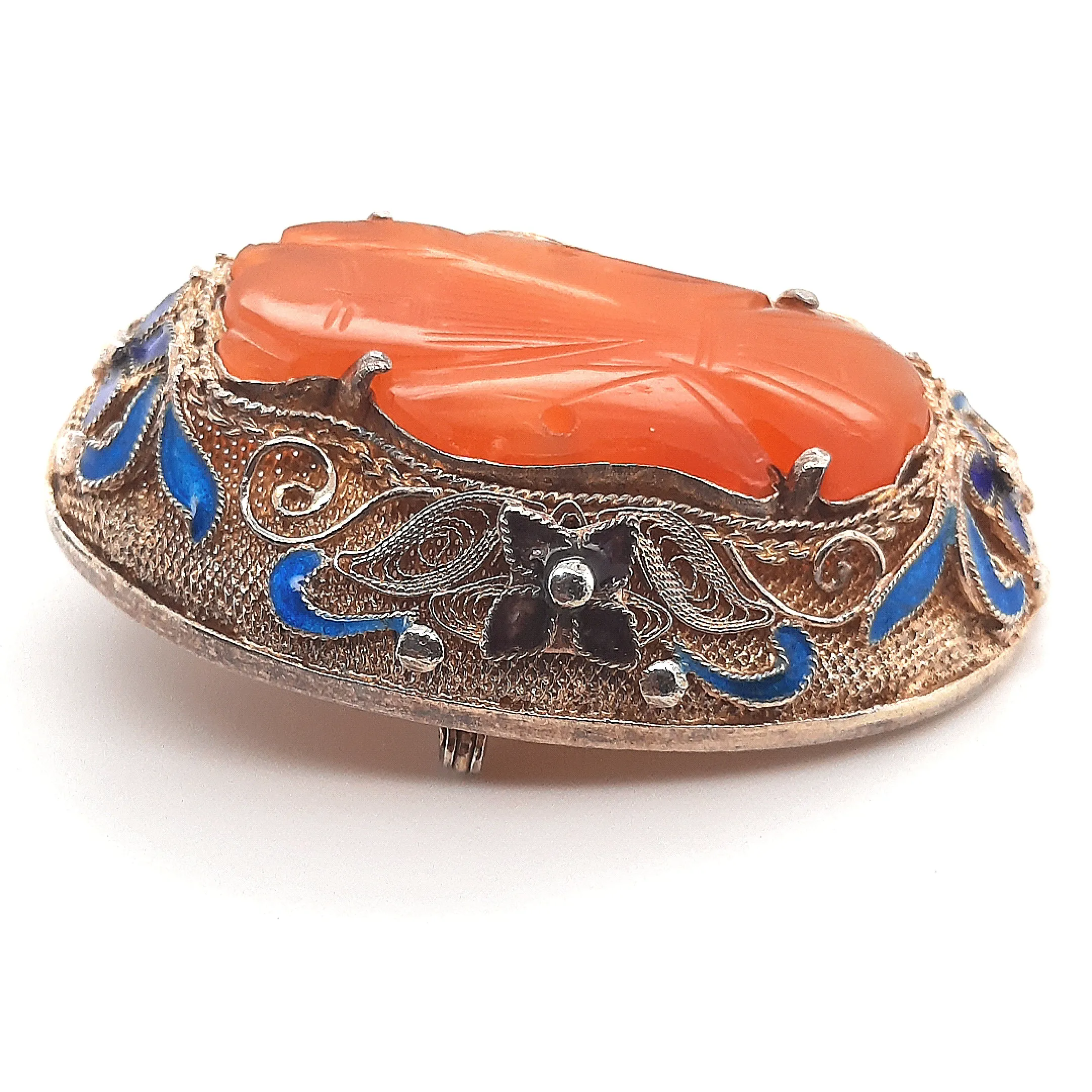 Carnelian & Enamel Gold Plated Silver Vintage Chinese Brooch