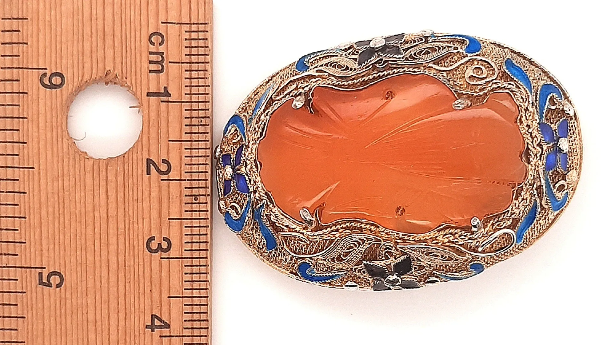 Carnelian & Enamel Gold Plated Silver Vintage Chinese Brooch