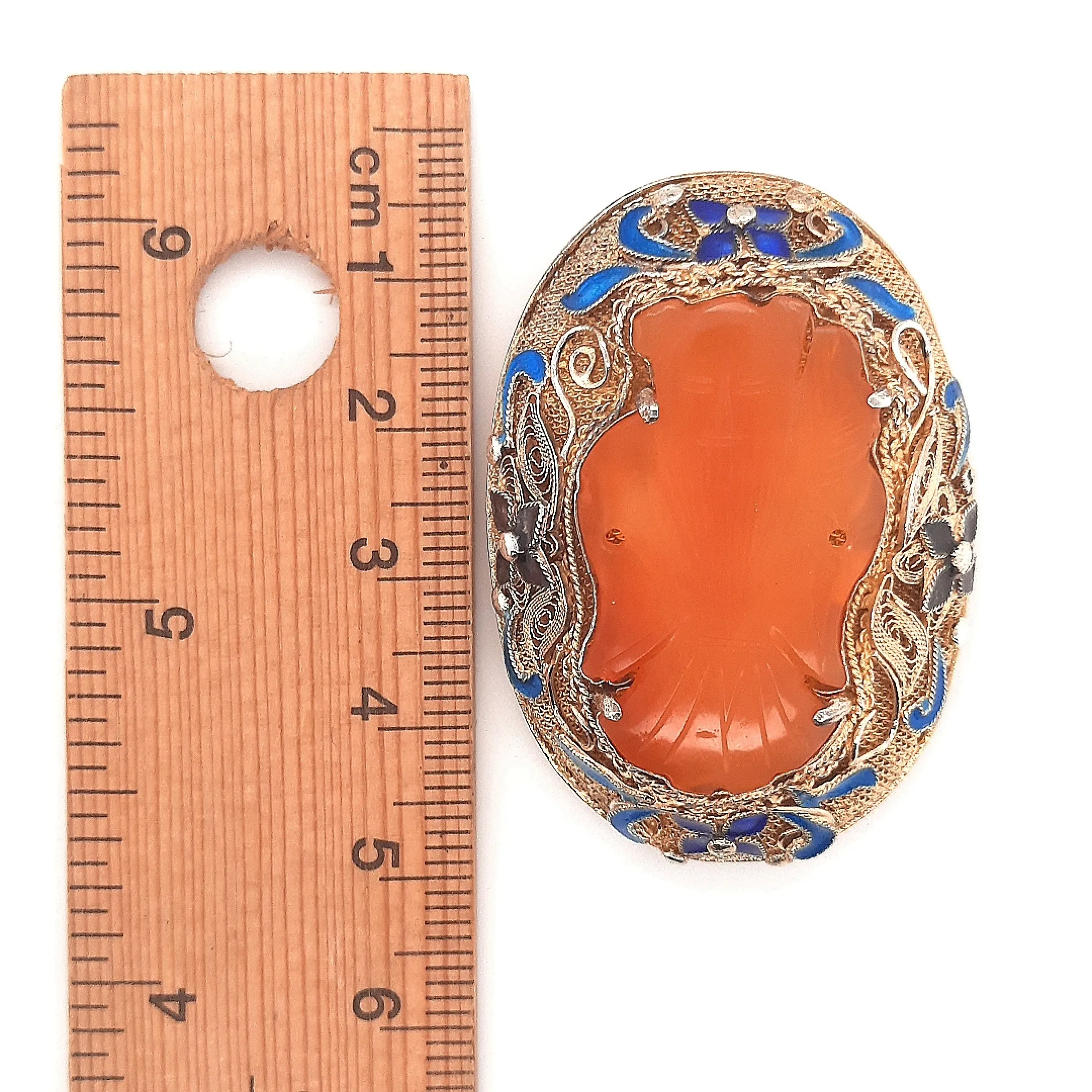 Carnelian & Enamel Gold Plated Silver Vintage Chinese Brooch