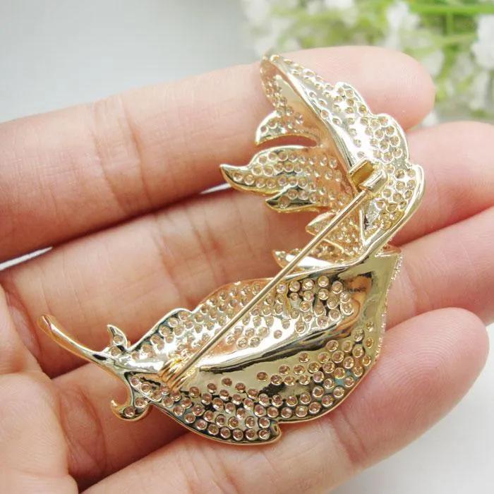 Clear Zircon Crystal Leaf Gold-Tone Brooch for Women