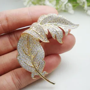 Clear Zircon Crystal Leaf Gold-Tone Brooch for Women